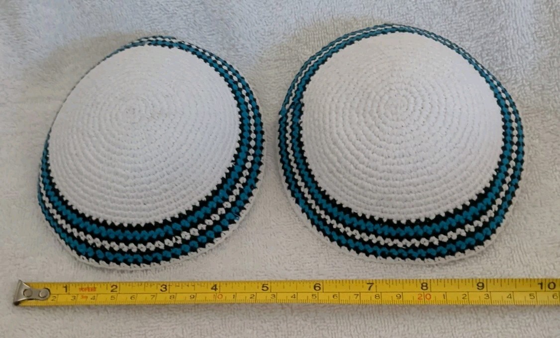 2 HolYudaica Hand Made Knitted Kippah 6.7in Cap 100% Cotton Yarmulk 17cm Folded