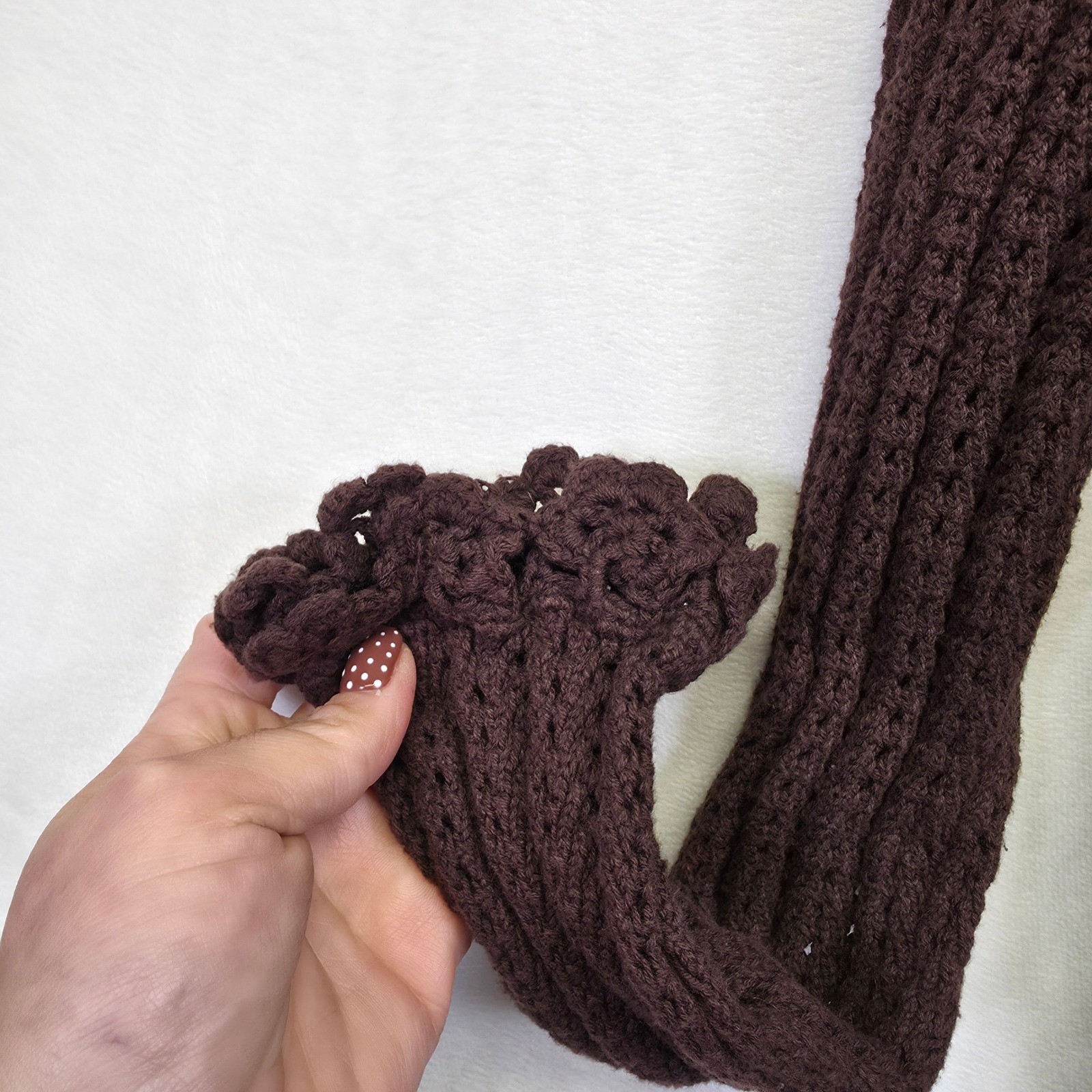 Crochet Knit Cardigan Womens L Brown Open Ruffle Ribbed Layering Lounge Sweater