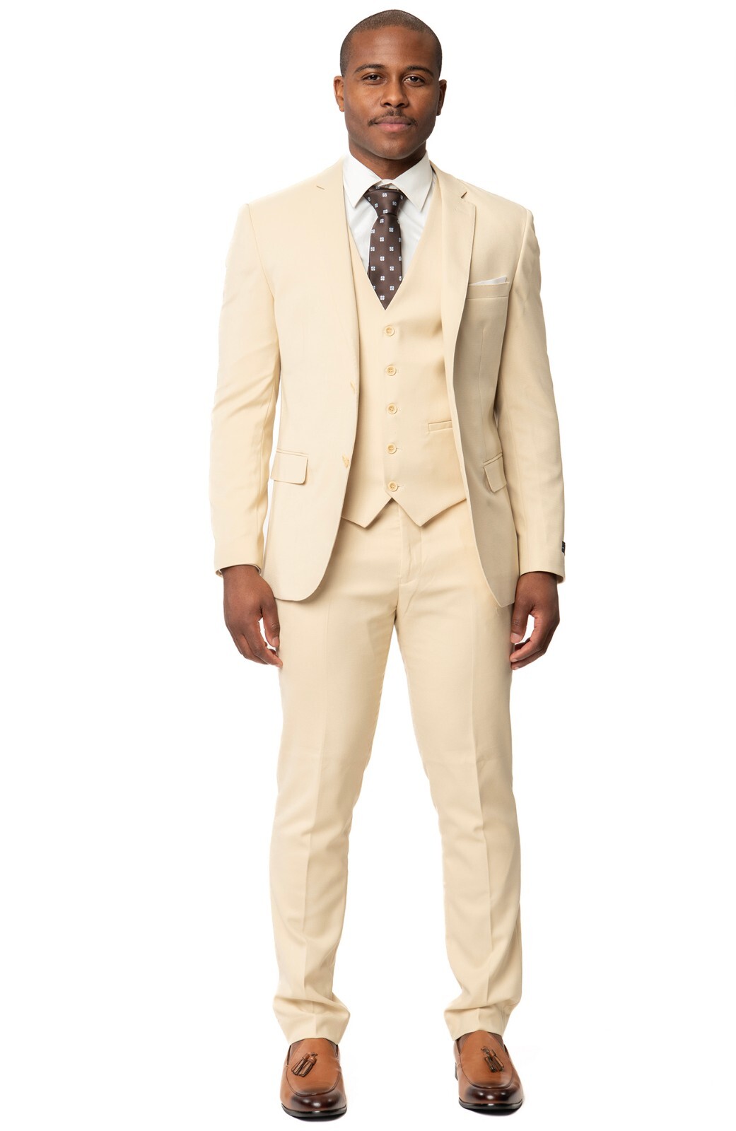 Tan Beige Slim Men Suit Micro Textured Weave 2 Button Notch 11812 Vest Optional