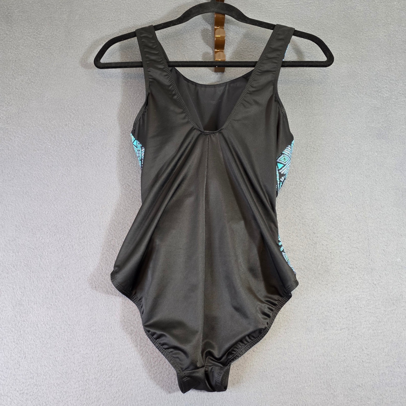 Miraclesuit Palma Deep V One Piece Swimsuit Black Blue Geometric Womens Size 12