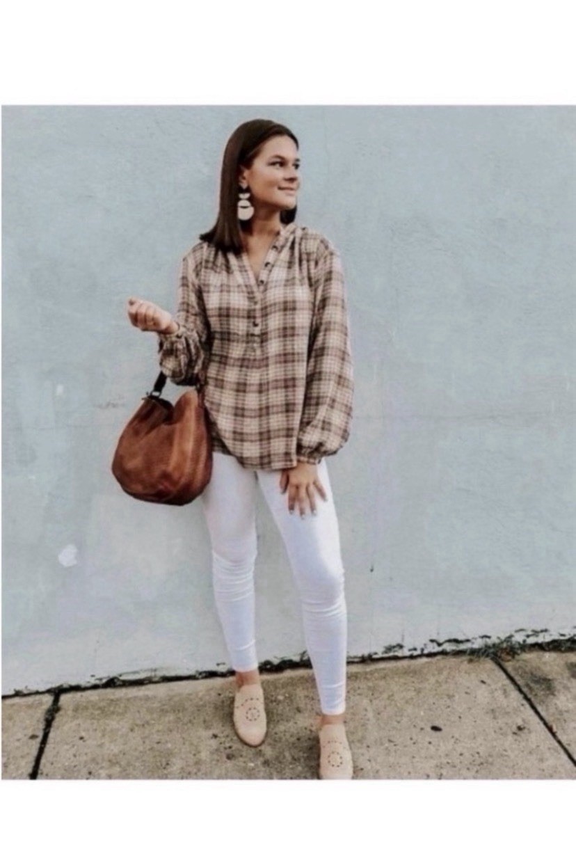 Free People Beige Plaid Oversized Boho Blouse Size Large