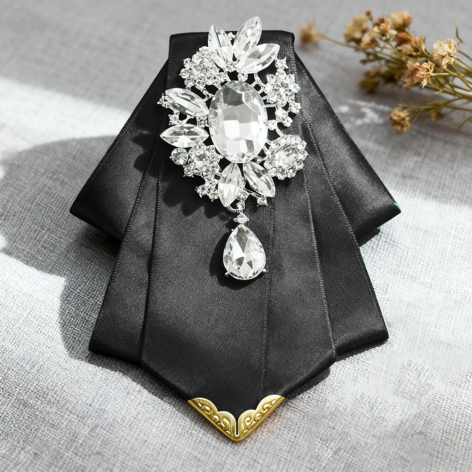 Rhinestone Bow Ties for Men & Women – Solid Bowtie with Brooch for Tuxedo, Weddi