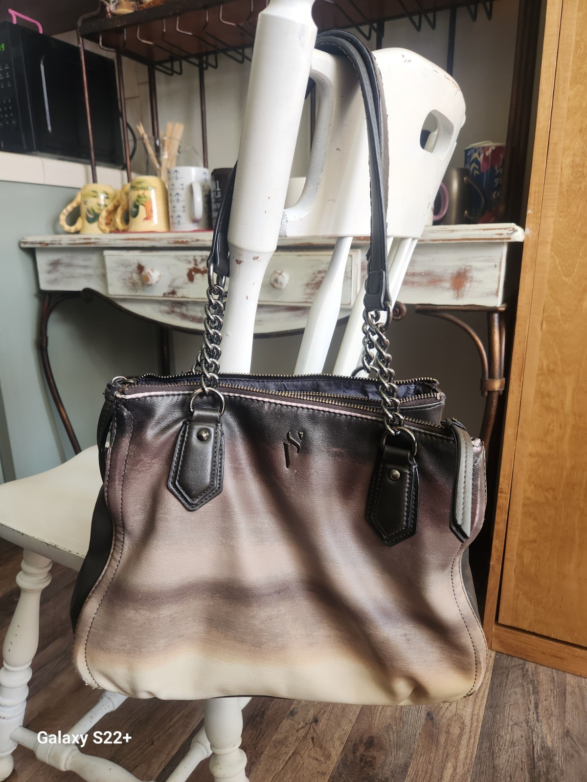 Simply Vera Vera Wang Brown/Black Satchel Top Handle Bag Chain Handles Multi Zip