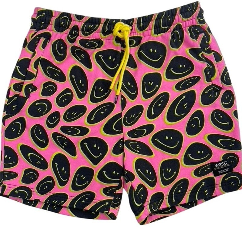 NWT WeSC Unisex (M/L) Shorts Pink Marty Smiley Cotton Skate Rave Retro Pocket