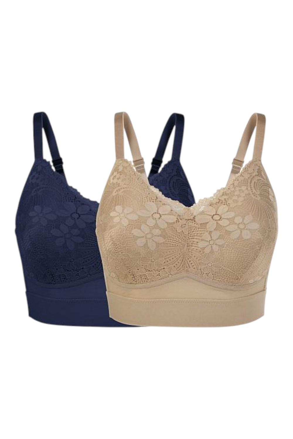 Rhonda Shear Women’s 2-pack Molded Cup Bra w/ Lace Overlay Beige/Navy