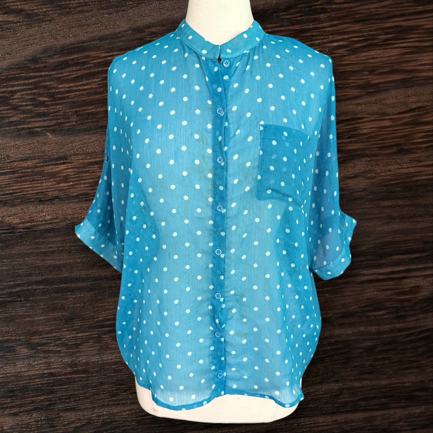 Pleione Kelly Green Polka Dot Sheer Blouse Sz S Oversized 48″ Bust Short Sleeves