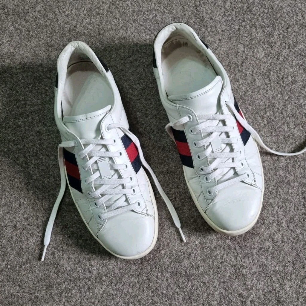 Gucci Shoes Men Ace Sneakers White Leather Navy Red Web Stripe Gucci Size 9 US