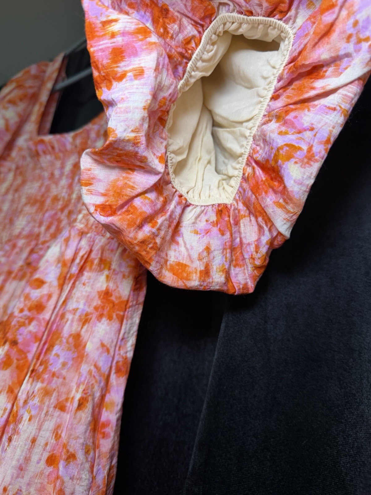 Anthropologie Orange Pink Floral Puff Sleeve Midi Dress Women’s Medium NWOT