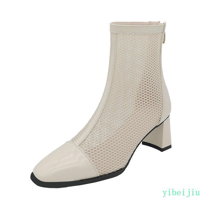 Mid Calf Boots Womens Block Heel Sandal Net Mesh Hollow Out Shoes Plus Size Lady