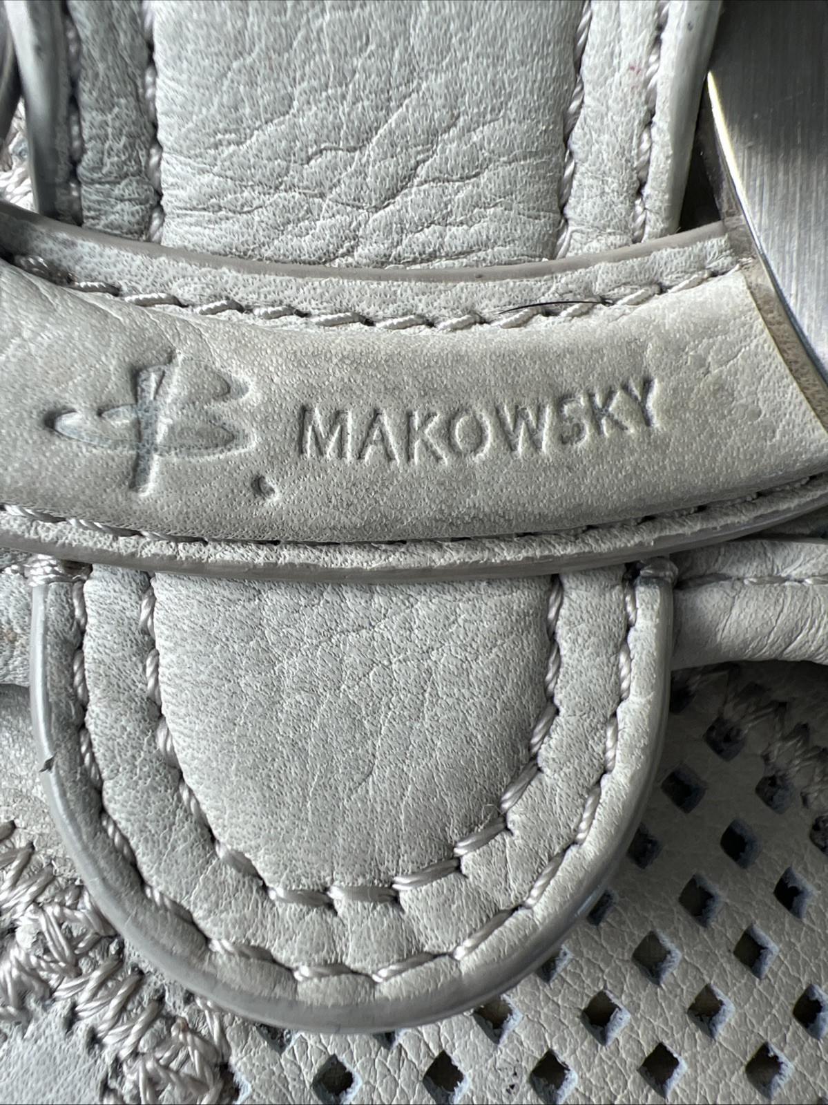 Makowsky Gray Leather Shoulder Bag Perforated Patchwork Silver Hardware Purse