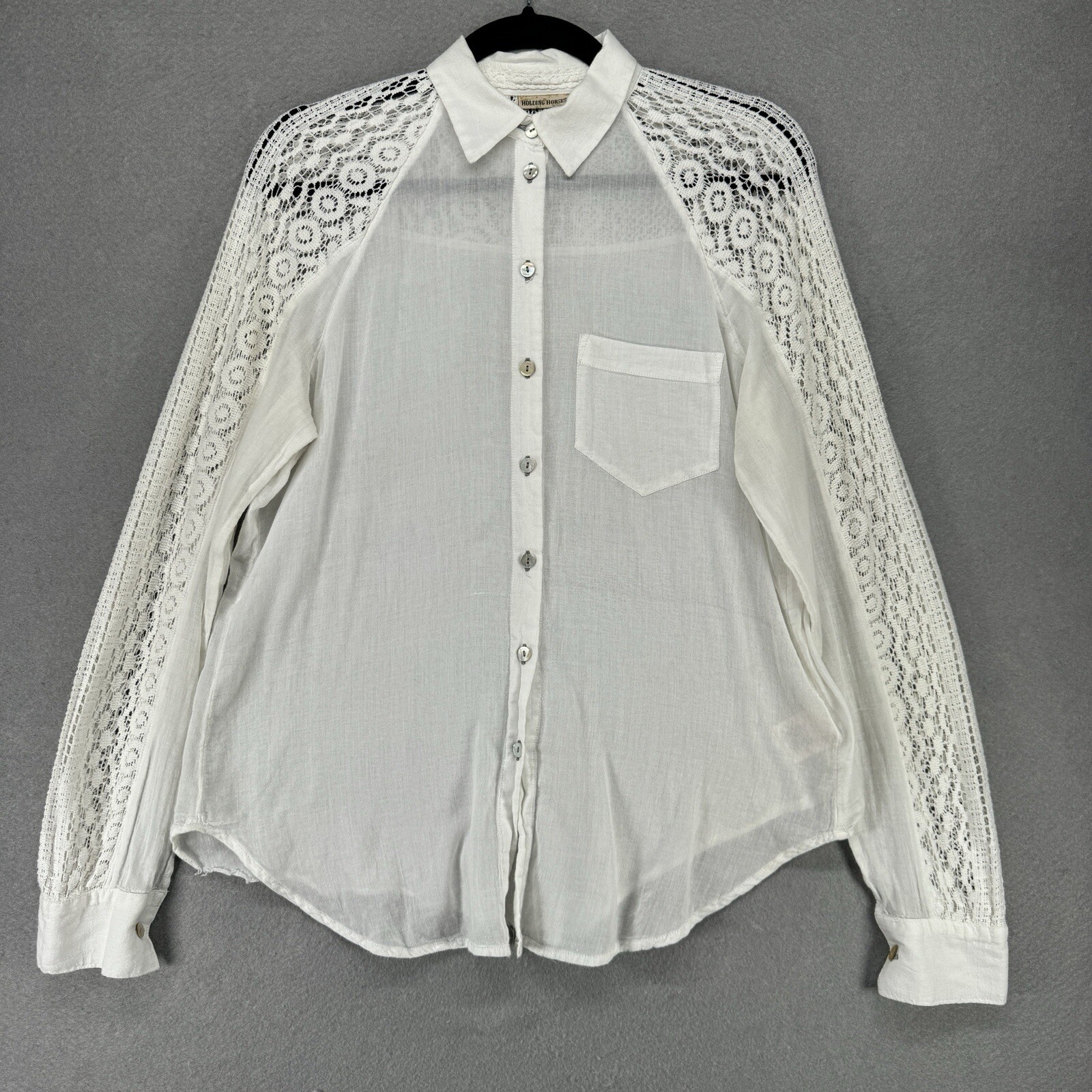 Anthropologie Holding Horses Shirt Womens Size XS Crochet Lace Top Blouse Button