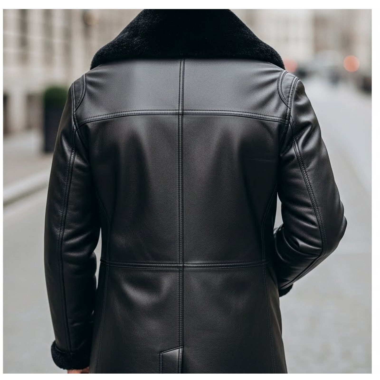 Men’s Real Sheepskin Long Coat Fur Lined Leather Shearling Jacket Black XL XXL
