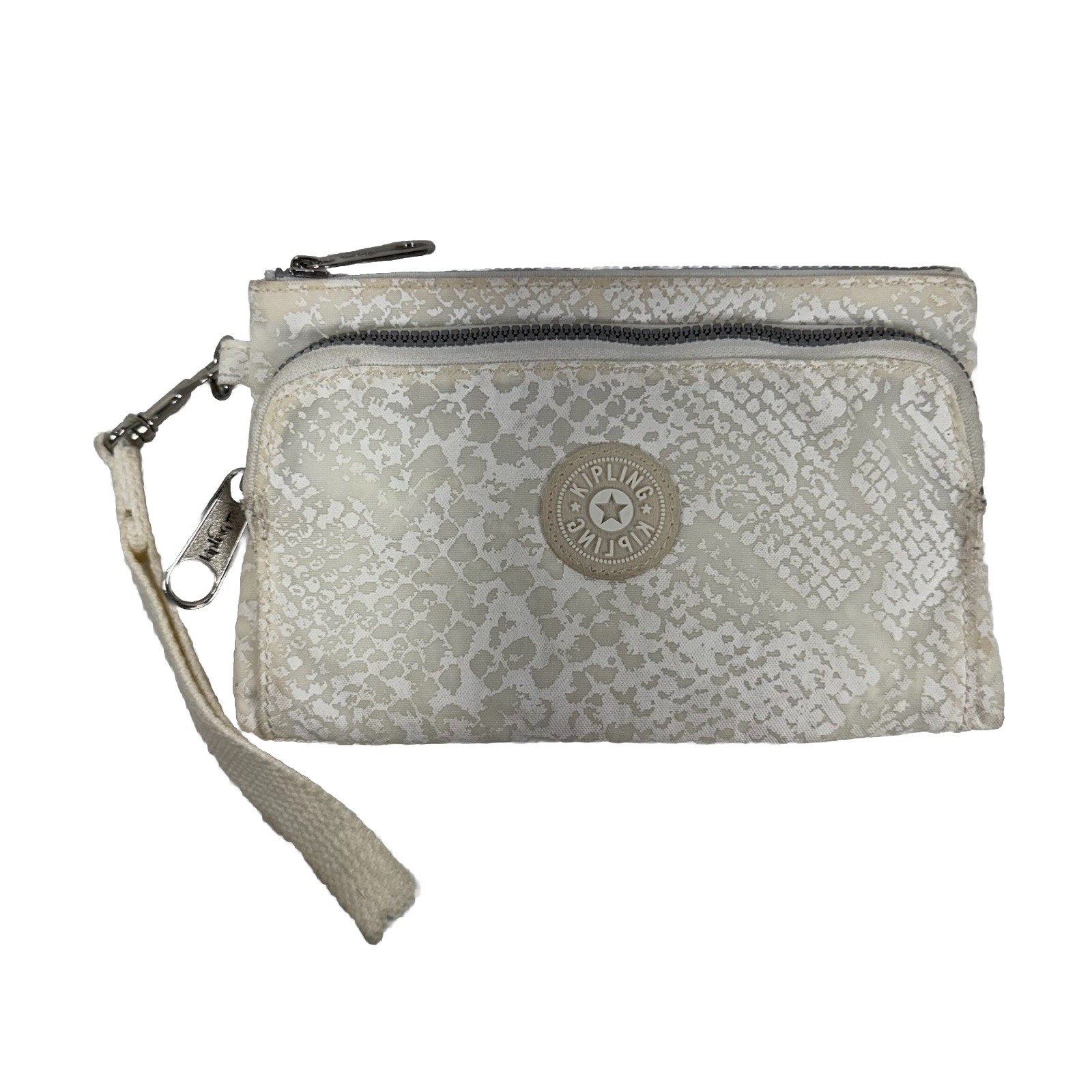 Kipling White & Gray Snakeskin Print Canvas Zipper Wristlet Pouch Front Pocket
