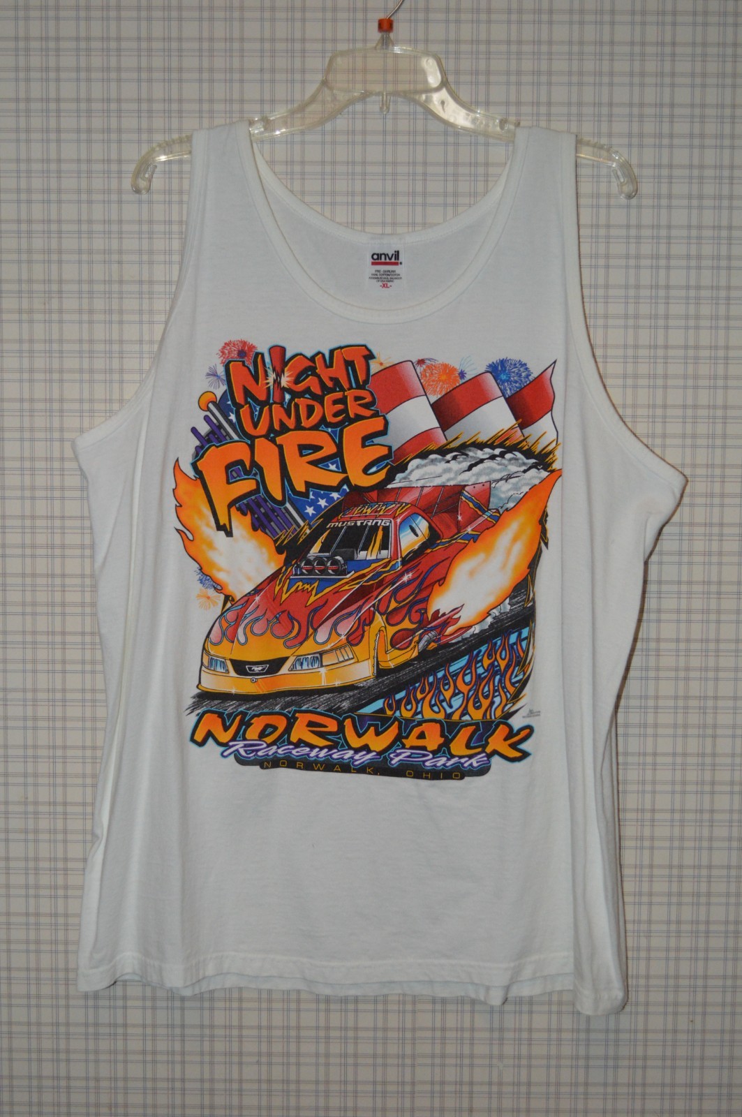 WOMEN’S OR MEN’S TANK TOP – “NIGHT UNDER FIRE” WHITE WITH MULTI COLORS SIZE XL