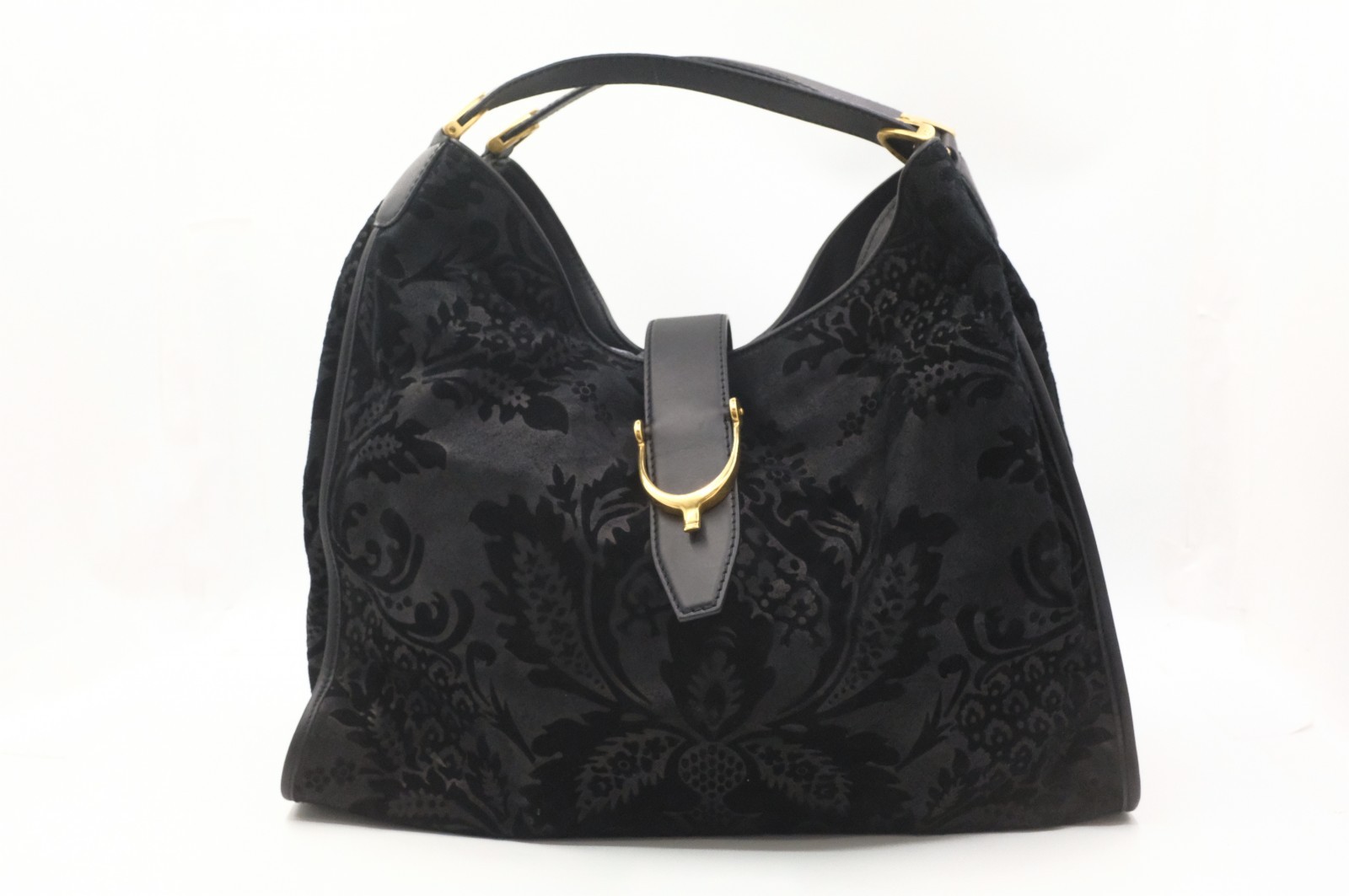 Authentic Gucci Soft Stirrup Tote Bag in Black Suede 296855