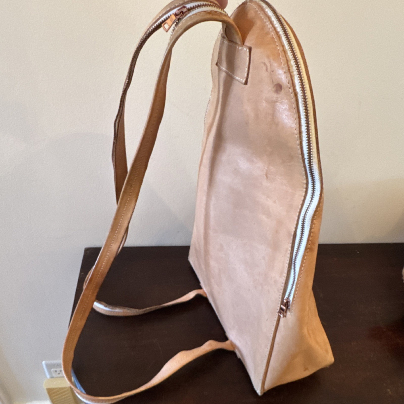 YIELD Tan Leather Backpack Zipper Accent Shoulder Strap Medium Solid