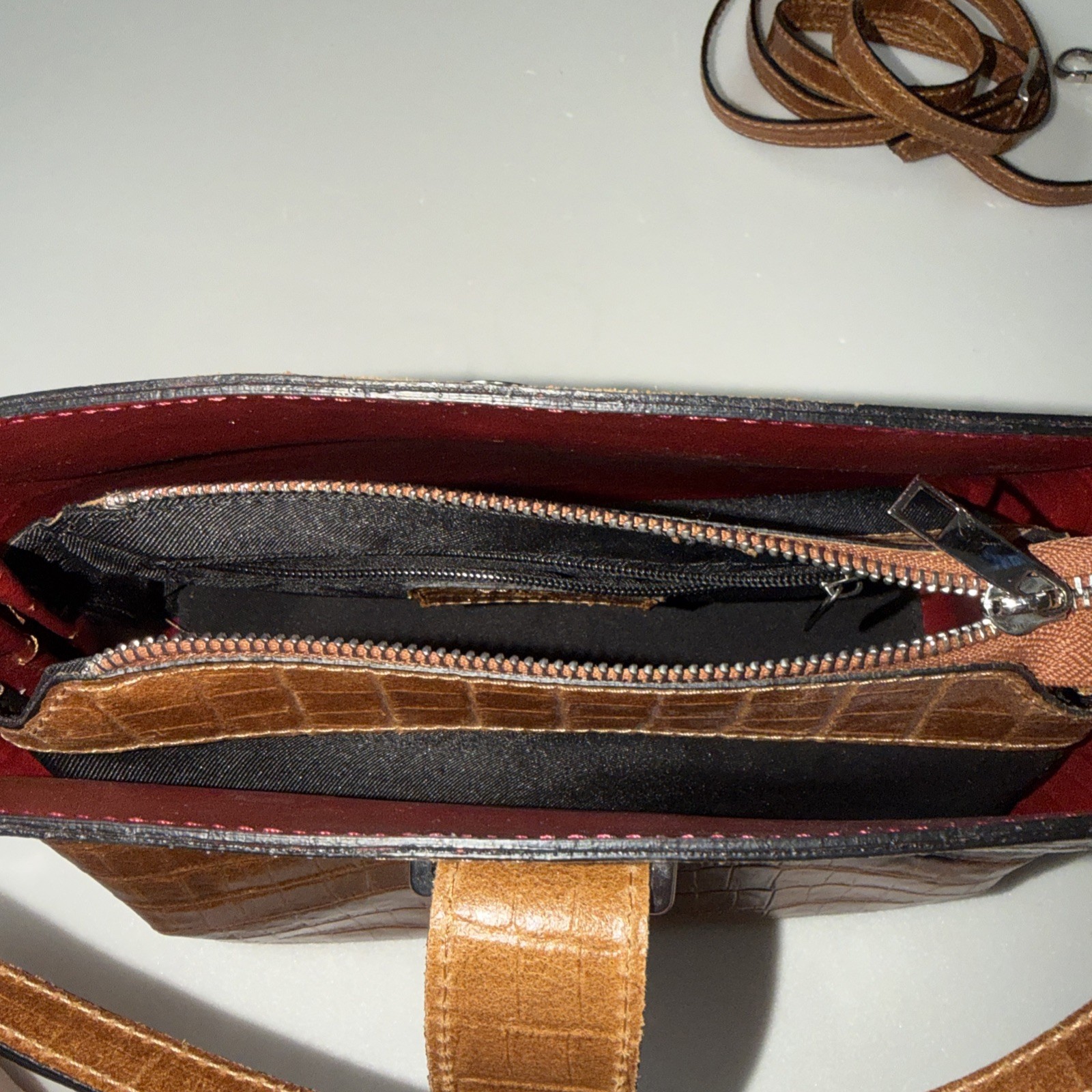 Chiara Ferretti Cognac Croc-Embossed Leather Crossbody Multi Strap Italy