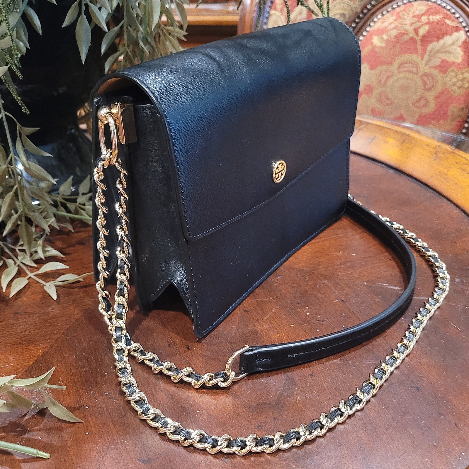 Tory Burch Black Robinson Mini Convertible Shoulder Purse Leather Gold Chain