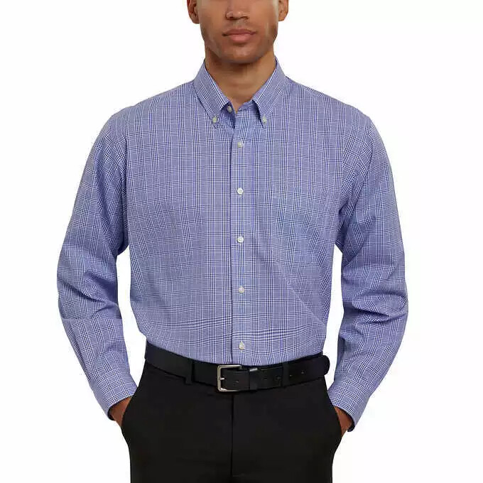 Kirkland Signature Men’s Traditional Fit Dress Shirt, Blue/White Plaid
