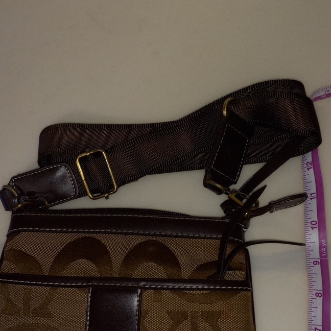 Brown Tan Logo Print Crossbody Bag Zip Closure Adjustable Strap Outer Pockets