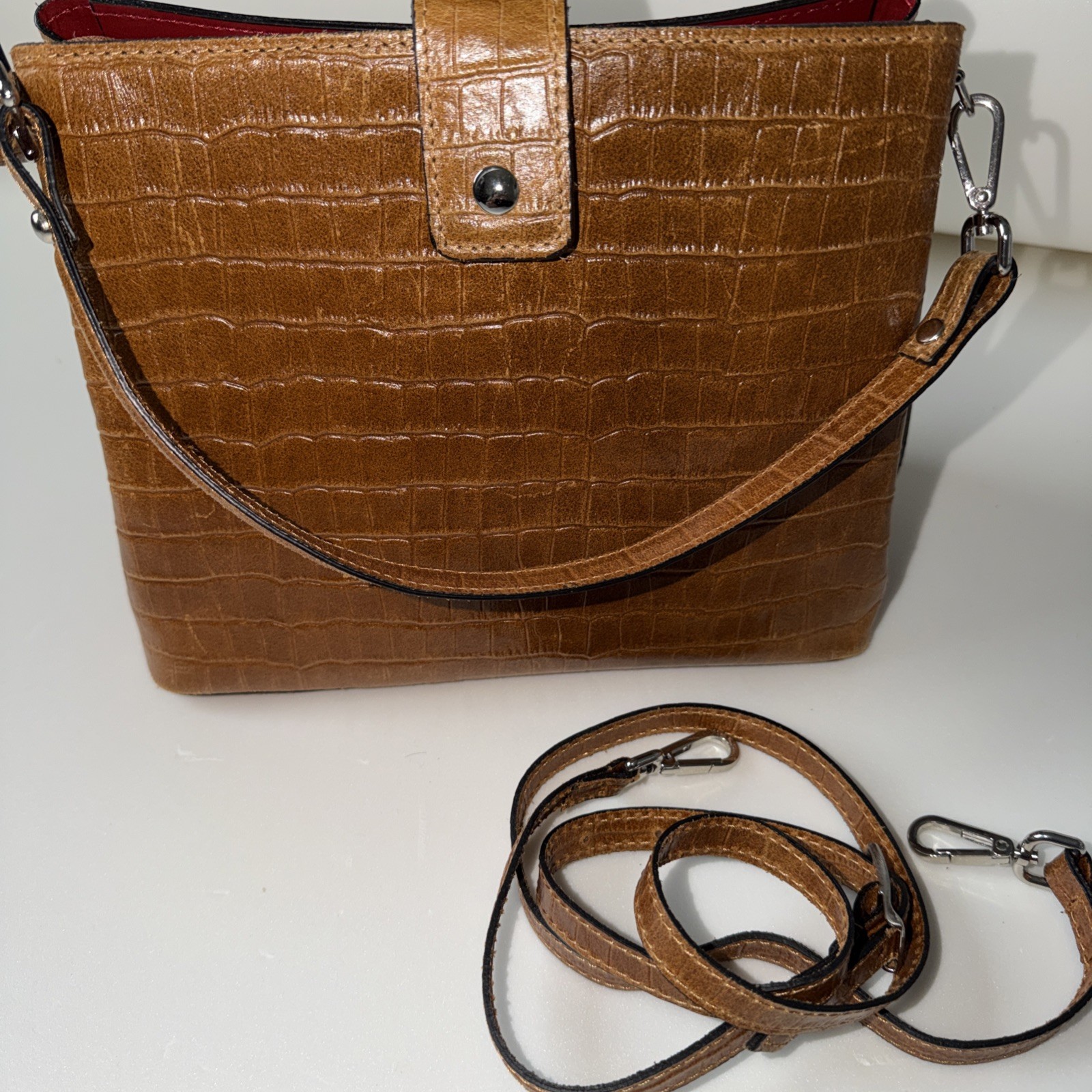 Chiara Ferretti Cognac Croc-Embossed Leather Crossbody Multi Strap Italy