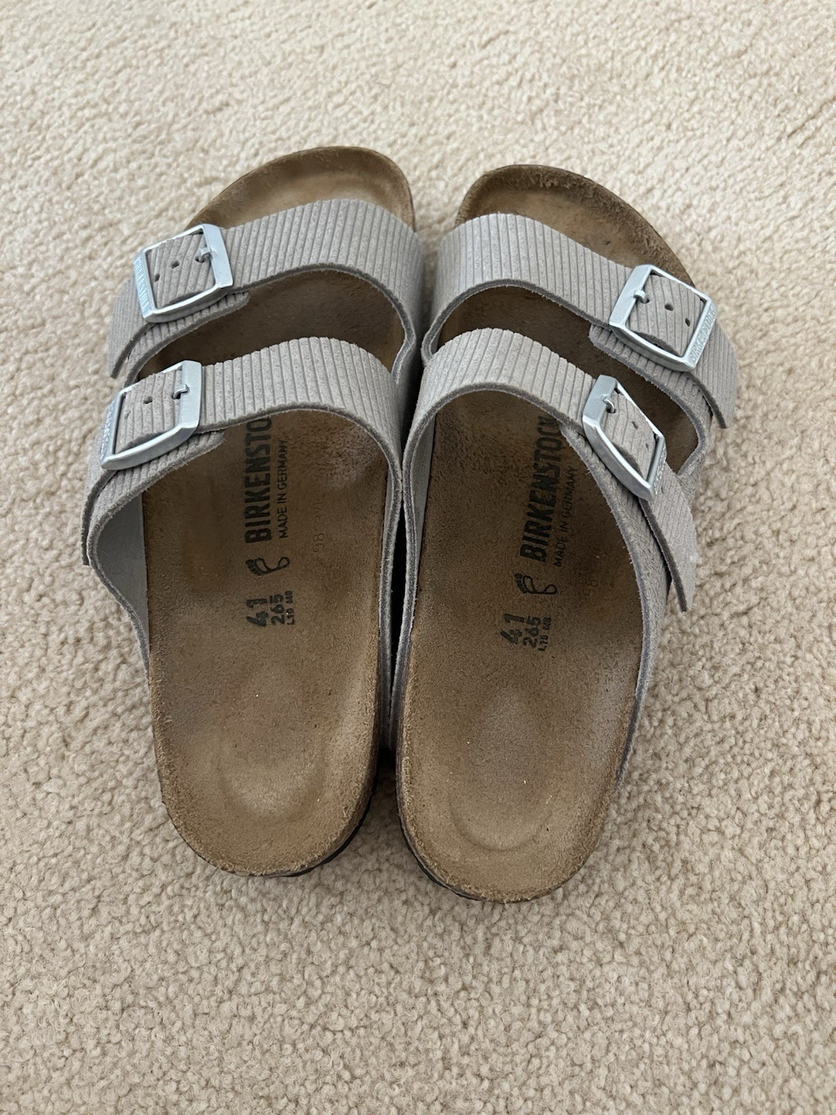 Birkenstock Arizona Birko-Flor Nubuck Women’s Sandals, Stone – US 10