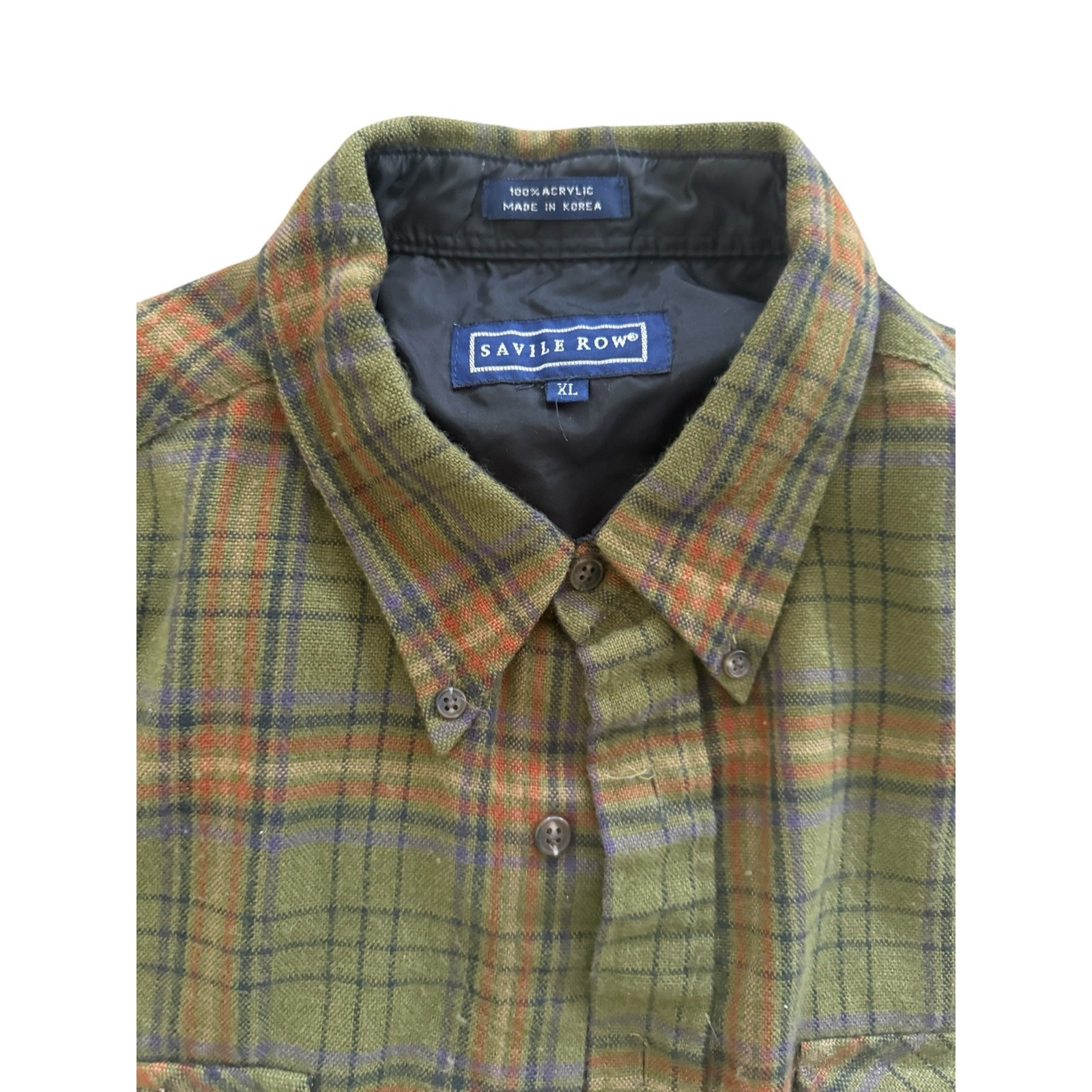 Vintage Savile Row XL Plaid Button Down Shirt Olive Green Flannel Look Outdoor