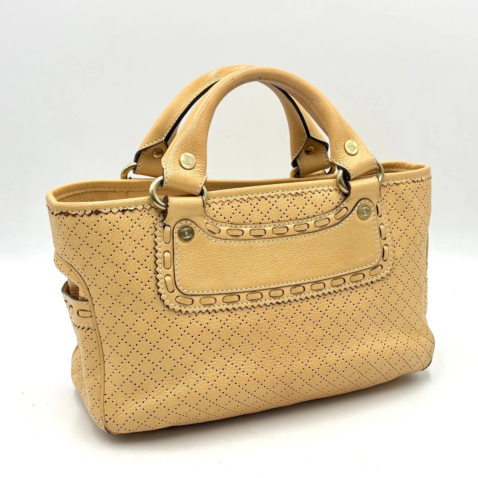 Auth Celine Y2K Perforated Leather Boogie Bag Leather Handbag Beige 2Y8978