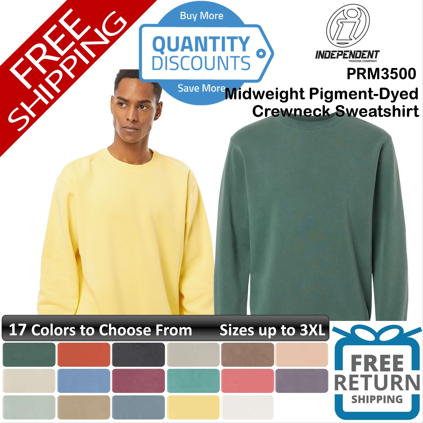 Independent Trading Midweight Pigment-dyed Crewneck Sweatshirt Up To 3XL Prm3500