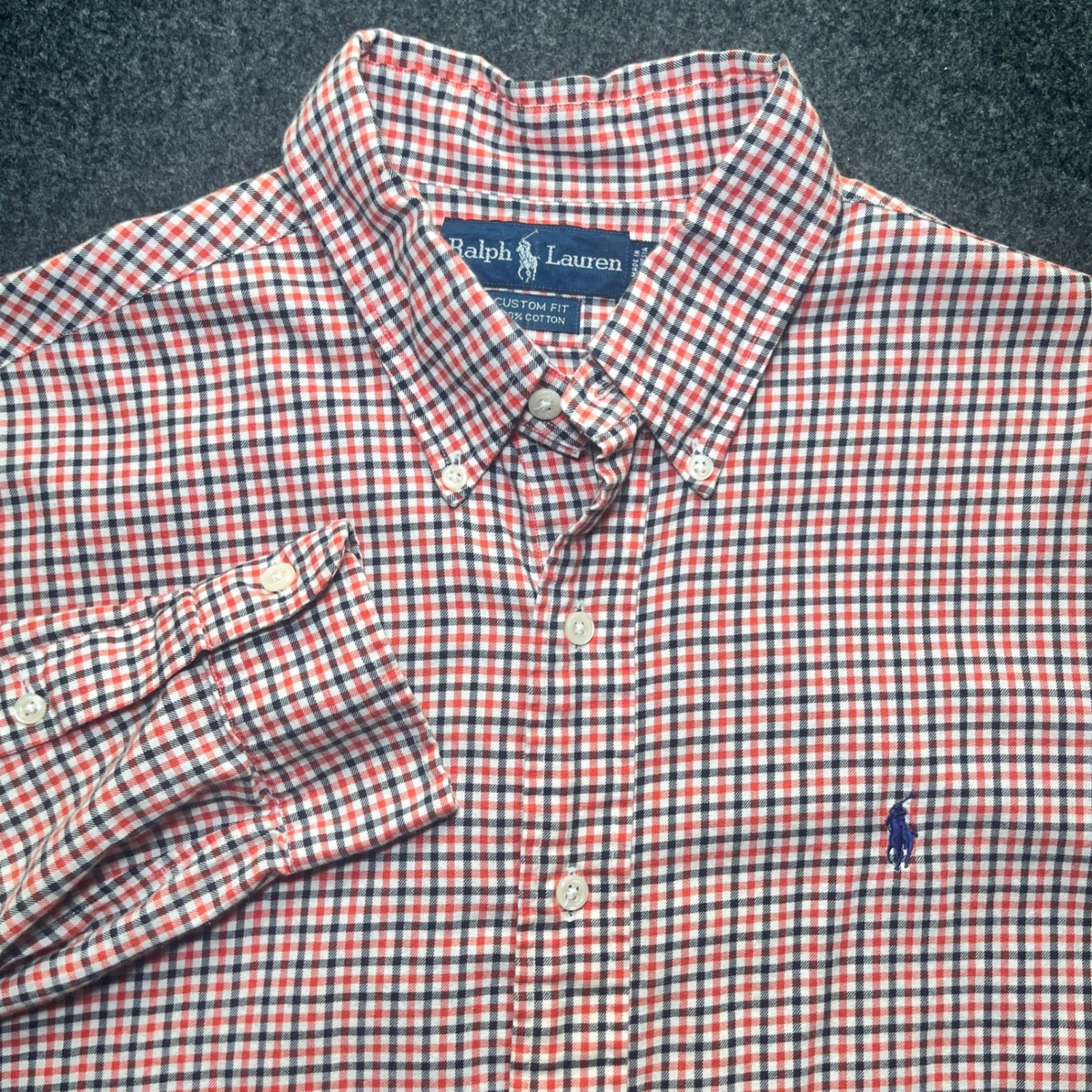 Ralph Lauren Button Down Men L Orange Gingham Excellent Custom Fit Cotton Shirt