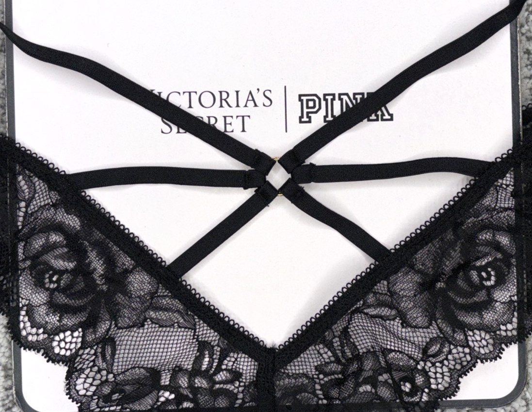 Victorias Secret Very Sexy NWT Medium Black Crotchles Lace Strappy Cheeky Panty.
