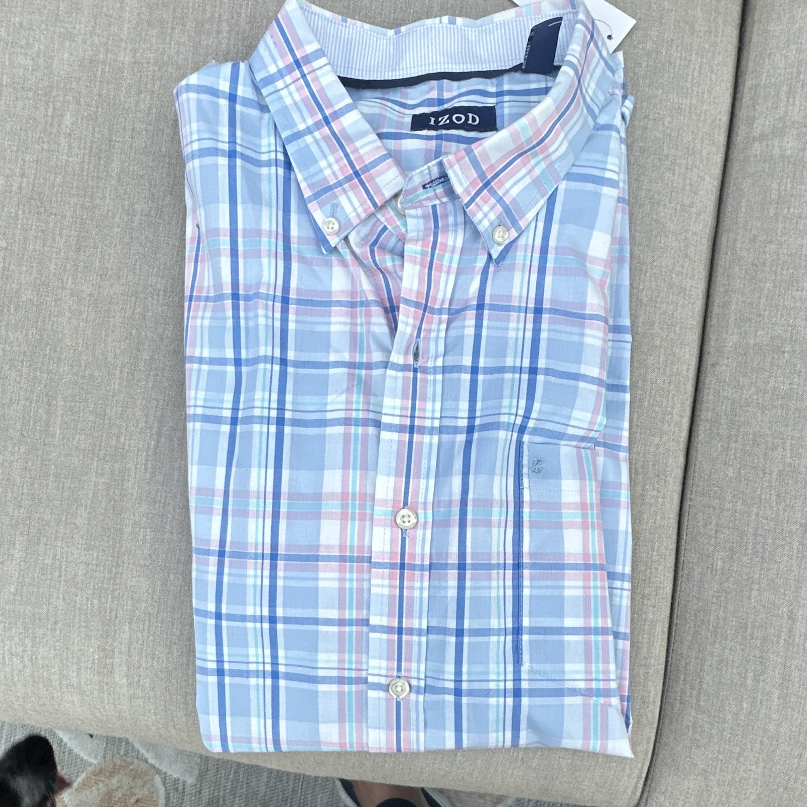 IZOD Men’s XL Blue Pink White Plaid Cotton Woven Long Sleeve Button-Down Shirt
