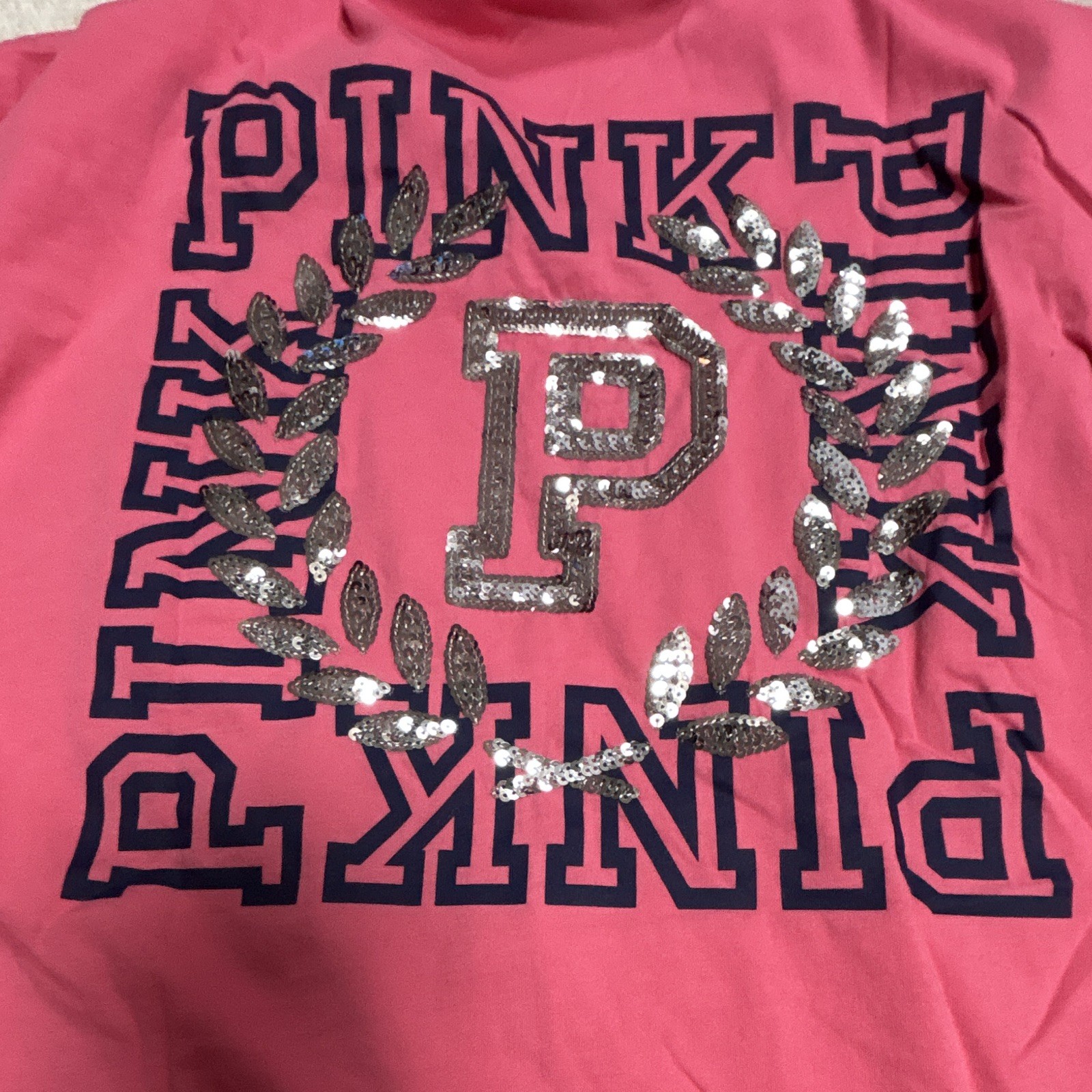 PINK Women’s Pink Logo Graphic Crew Neck Sequin/Glitter Pocket Tee L