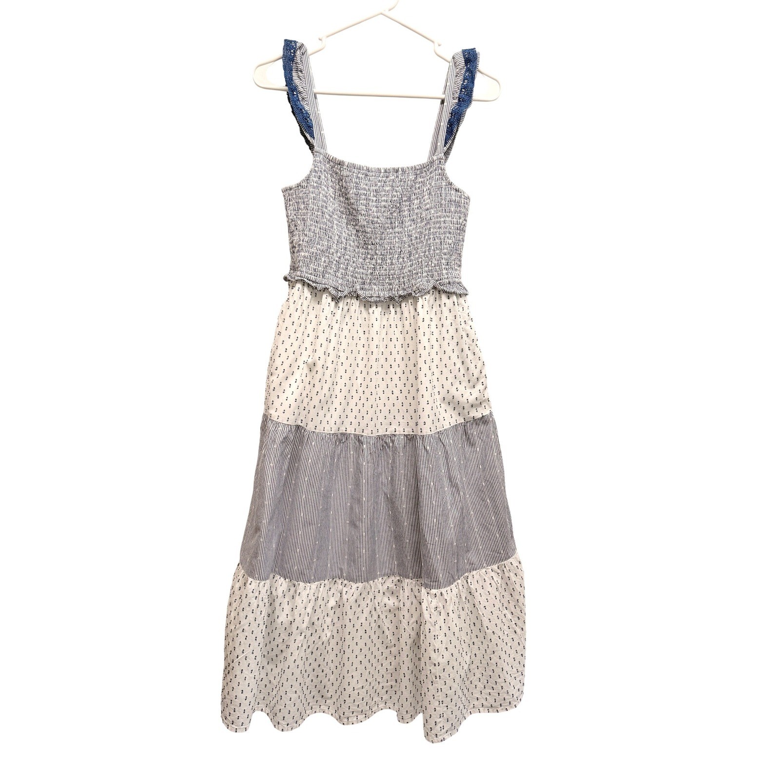J. Crew Maxi Dress Smocked Tiered Pockets Blue White Women