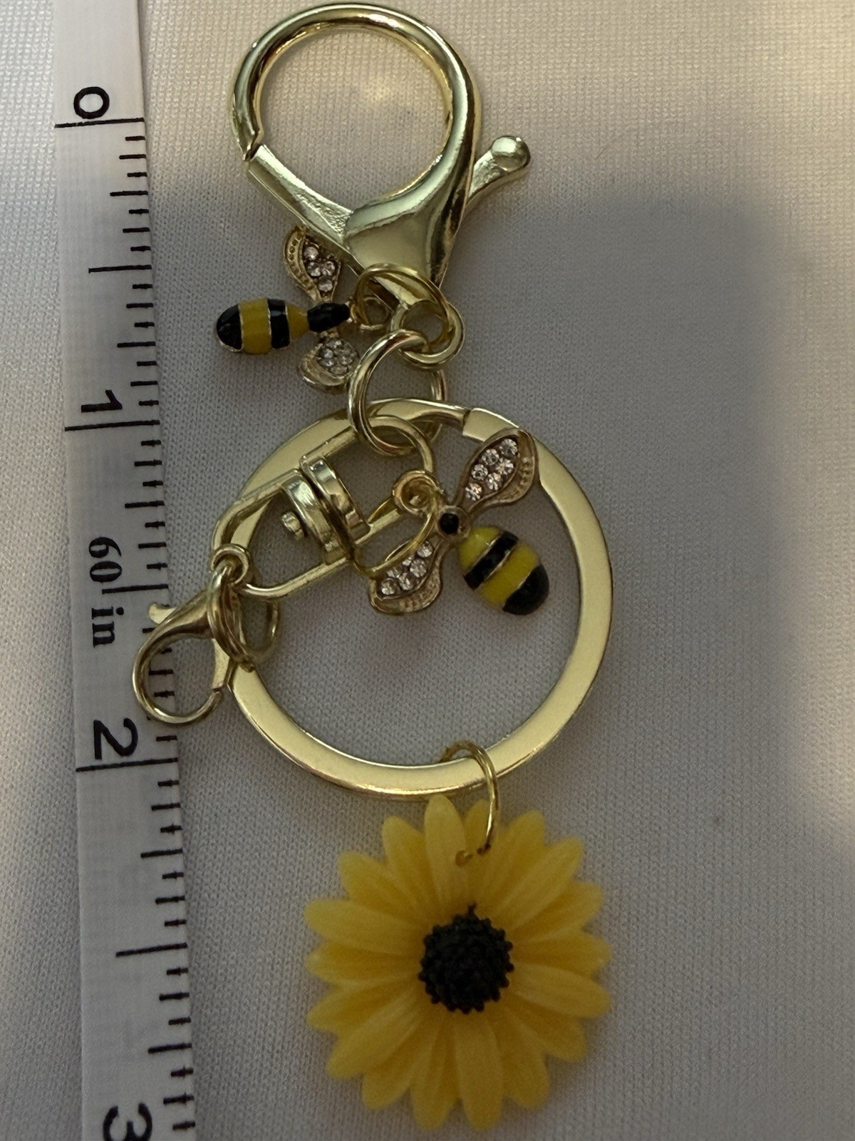 Gold Bee Sunflower Keychain Charm Rhinestone Bumblebee Floral Purse Bag Key Ring