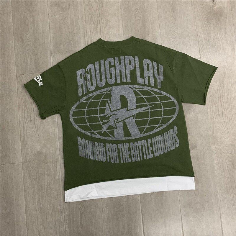RoughPlay Skull Print Loose Beaded Washed Vintage Fake Two-Tone T-Shirts