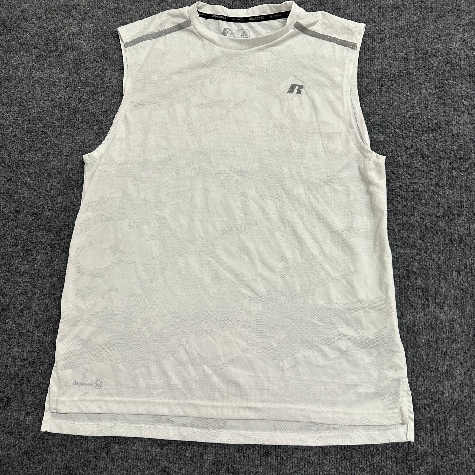 Russell Athletic Sleeveless Shirt Mens Size M White Camo Dri-Power 360 Training