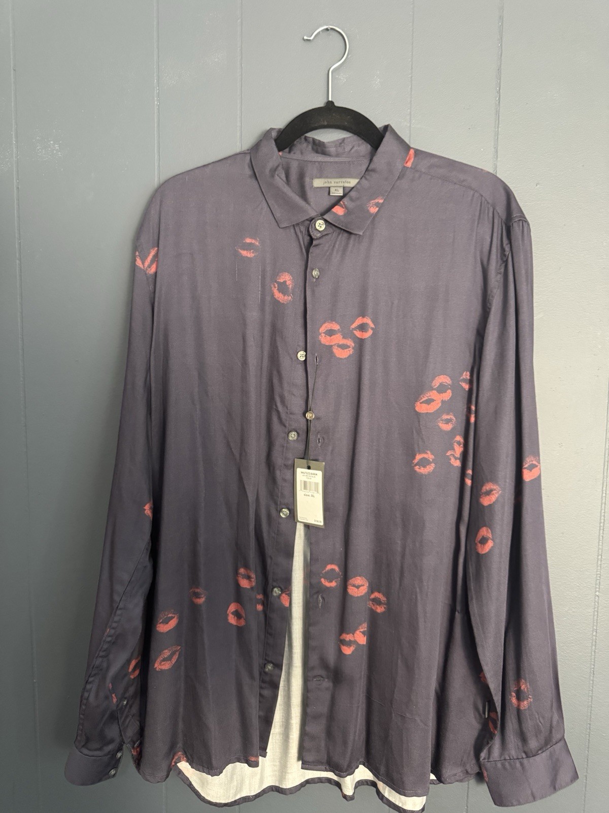 John Varvatos Men’s XL Blue Lips Print Long Sleeve Point Collar Button-Up