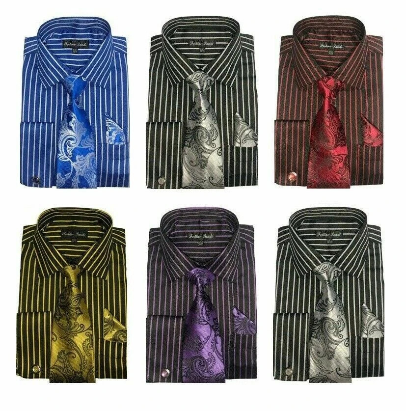 Men’s Striped Dress Shirt with Tie + Handkerchief, French Cuff Links New