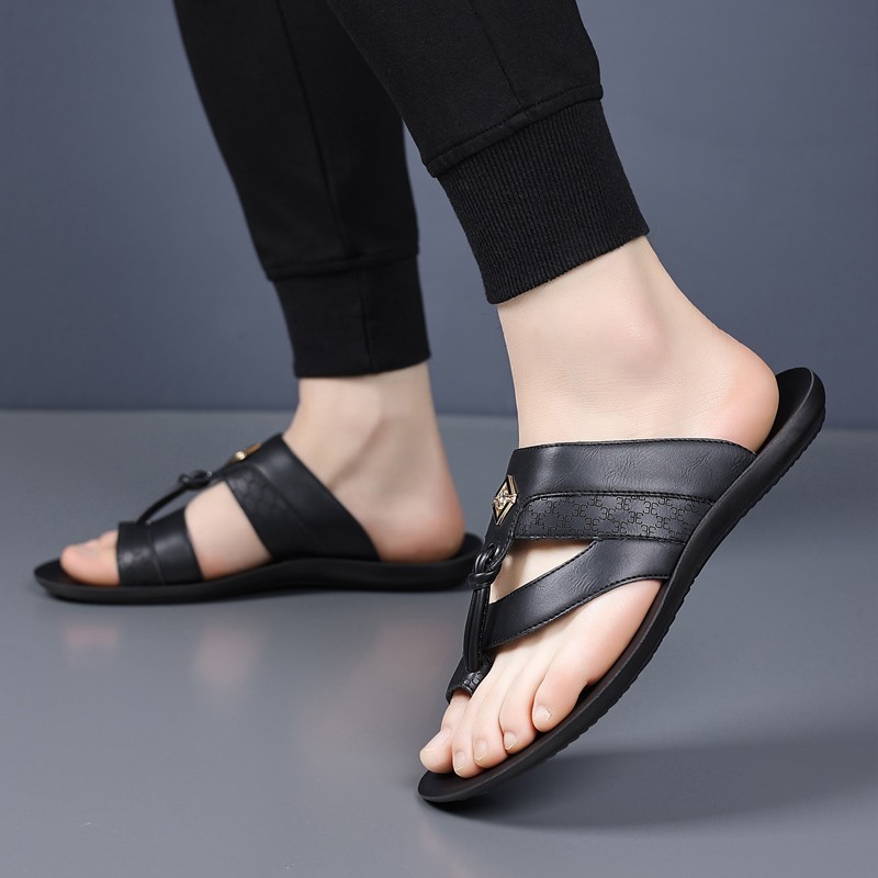 Men’s Metal Decor Thong Slide Sandals, Embossed PU Leather, Comfort Rubber Sole