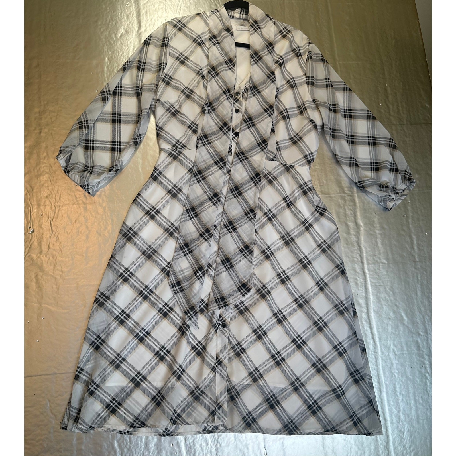 NY&Co Plaid Midi Dress XL White Black Gray Tie Neck Long Sleeve Women