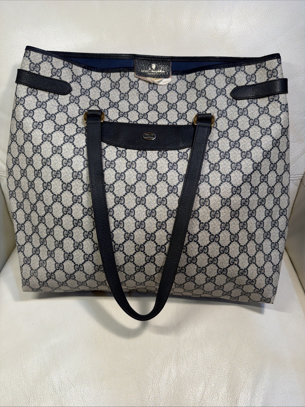 Gucci Tote Shoulder Bag Coated Canvas Gray Navy GG Pattern Accessories Collectio