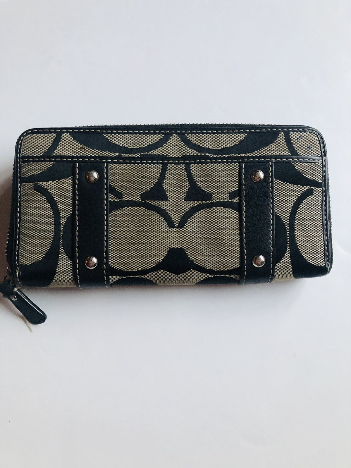 Coach Brown Signature Jacquard Buckle Belt Embellish Accordion Zip Wallet
