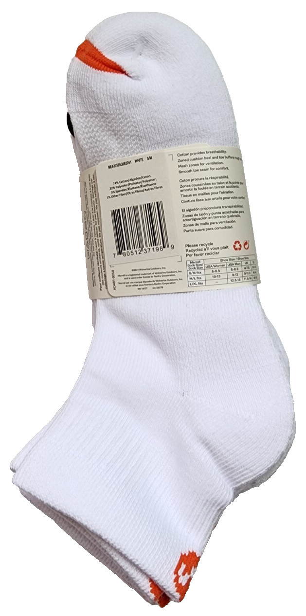 Merrell Cushioned Quarter White Cotton Socks 6 Pairs Size S/M Women 5 – 9.5