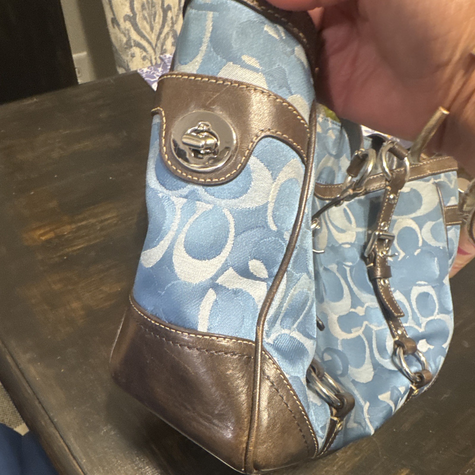 Coach Signature Blue/Brown Medium Tote Shoulder Bag Zip Double Handles Strap