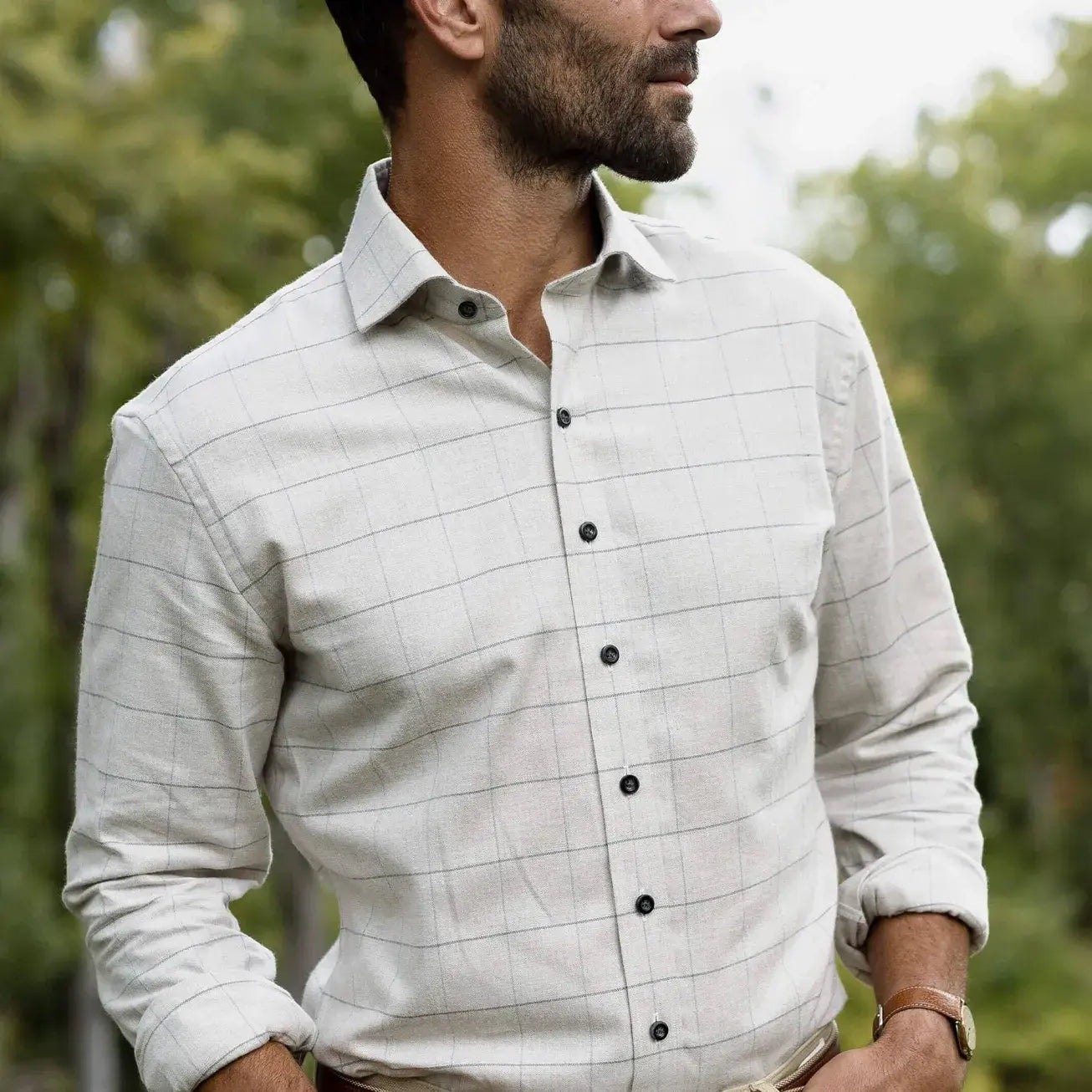 Ledbury Classic Fit Shirt 16.5 L Beige Windowpane Check