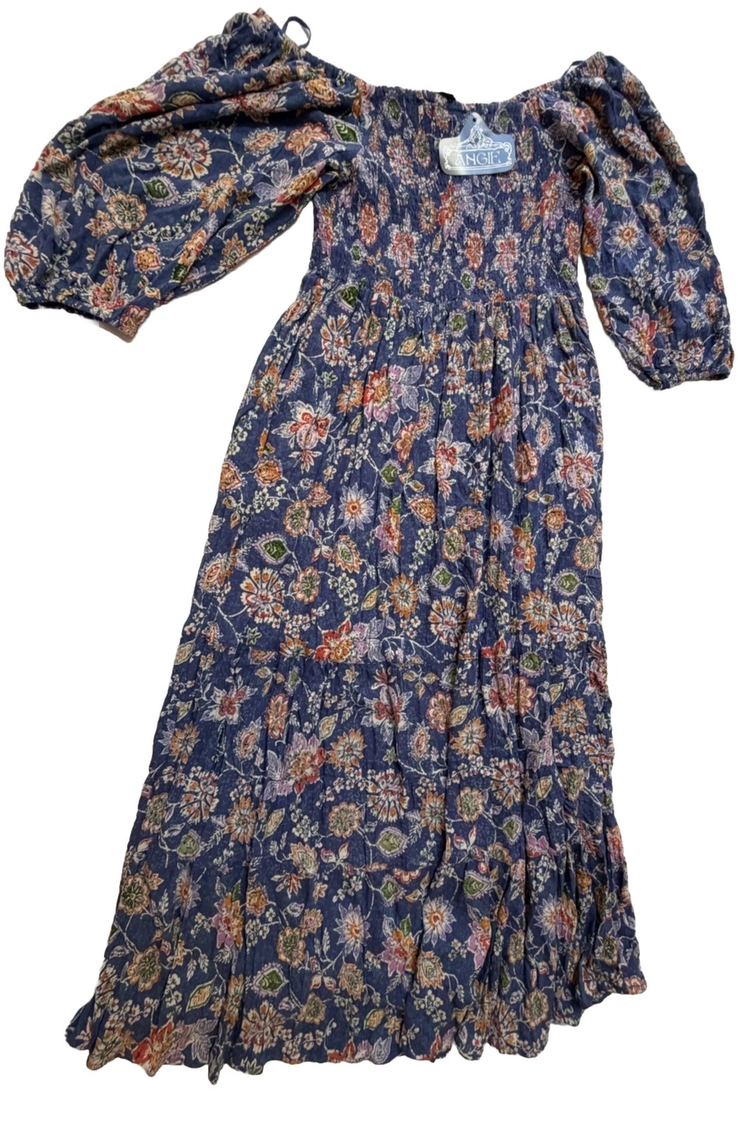 NWT Angie Floral Large Flutter Sleeve Dress Smocked Blue Multicolor