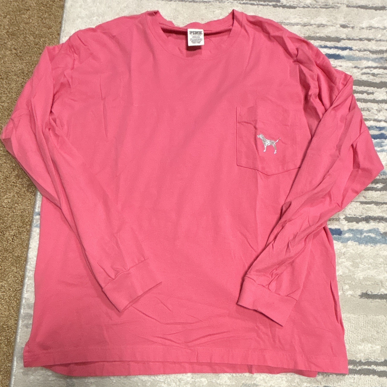 PINK Women’s Pink Logo Graphic Crew Neck Sequin/Glitter Pocket Tee L
