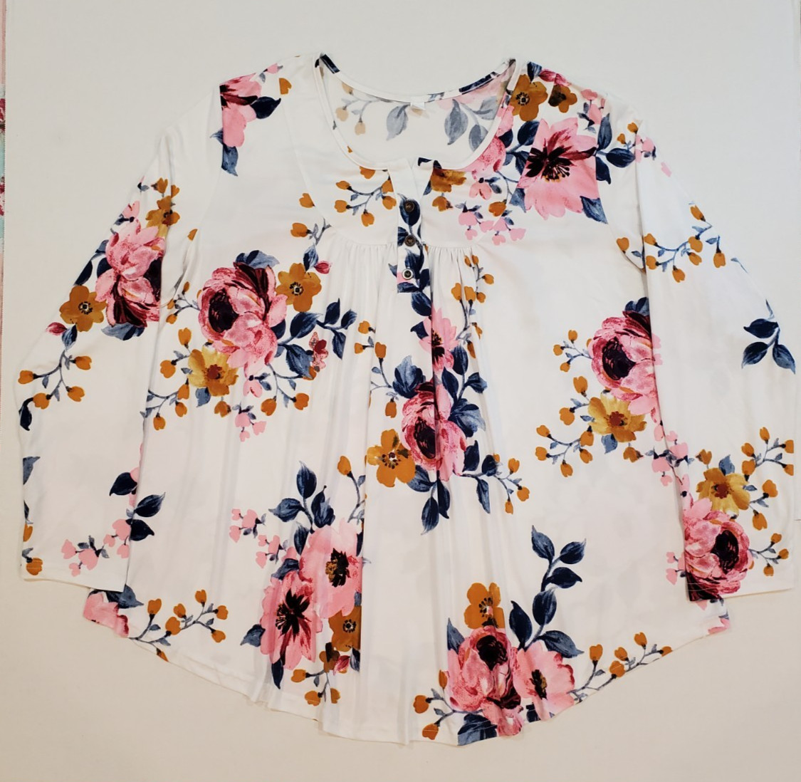 Women’s Top & Pants Set Long Sleeve Pull-On Size 2XL Floral Ivory Pink Blue