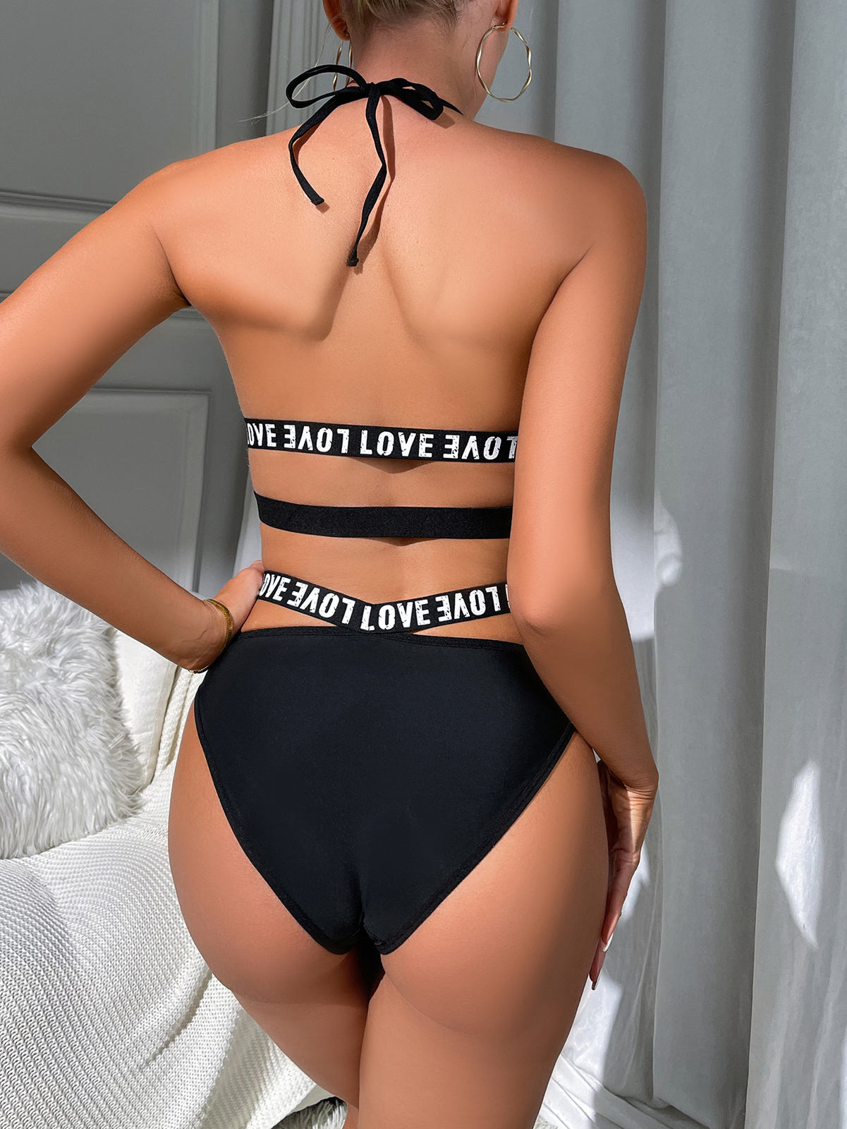 Women’s Letter Print Belted Halter Bra and Panty 2 Piece Sexy Lingerie Set